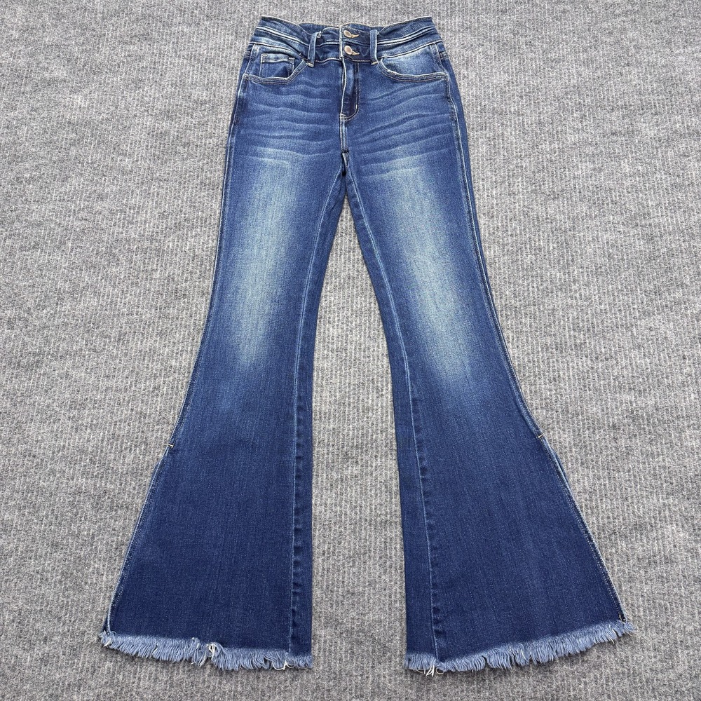 KanCan Signature Flare Jeans Womens 25 Blue Medium Wash High Rise Fringe Hem